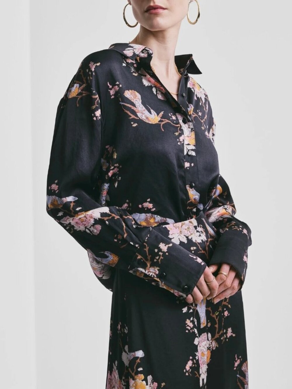 BY TIMO SATIN SHIRT MIDNIGHT BIRDS